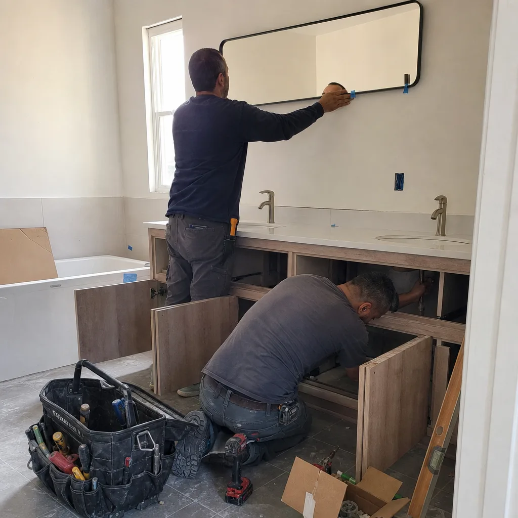 Contractors installing mirror and plumbing during a professional bathroom remodeling project
