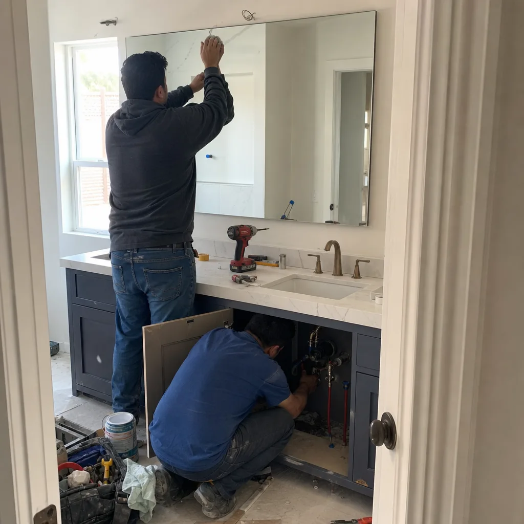 Contractors performing professional bathroom remodeling and vanity plumbing installation