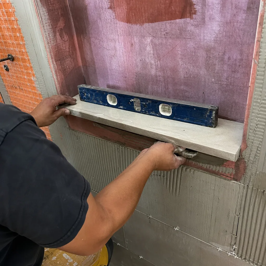 Contractor installing a stone shower shelf using a level for precision.