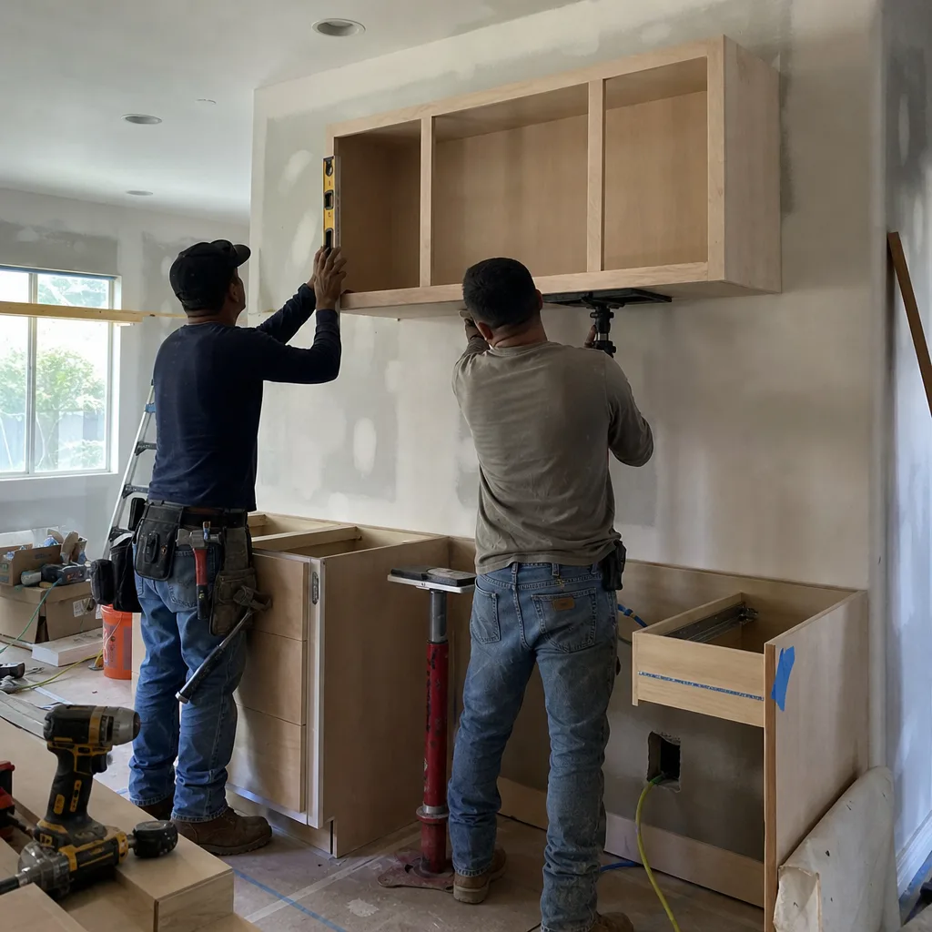 Two contractors installing custom kitchen cabinets during home renovation