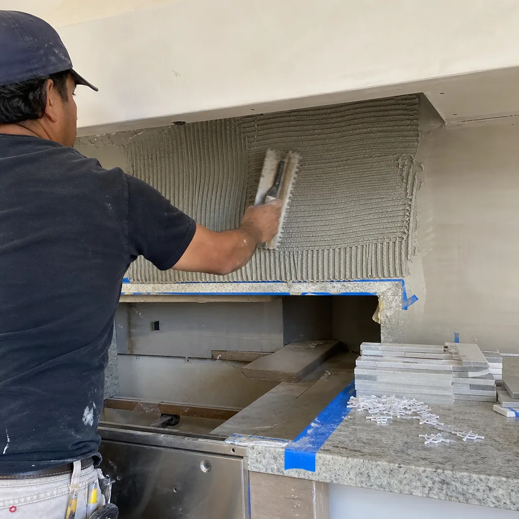 Professional contractor applying thin-set mortar to kitchen wall for tile installation