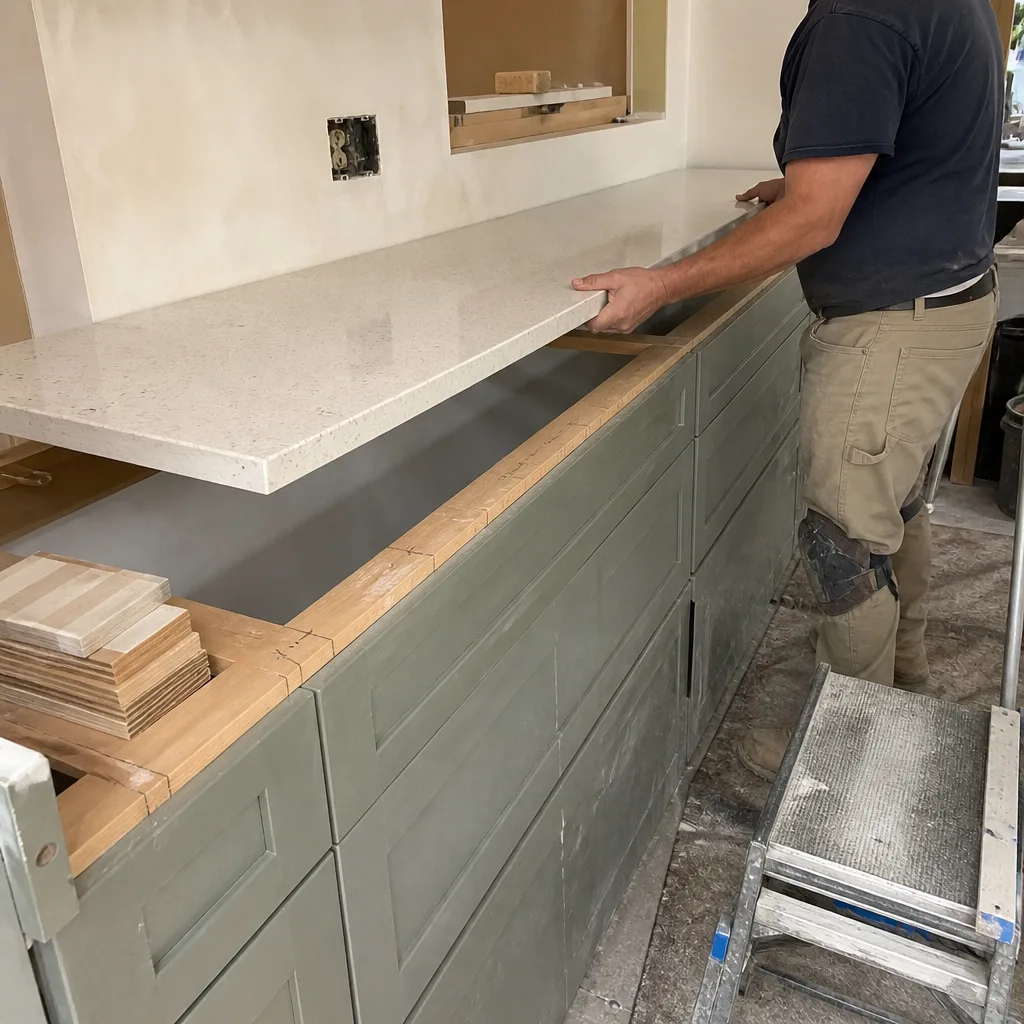 Contractor installing custom quartz countertop on sage green kitchen cabinets