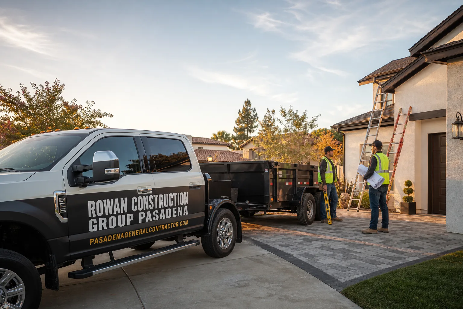 Rowan Construction Group Pasadena construction service vehicle and crew in Pasadena, CA